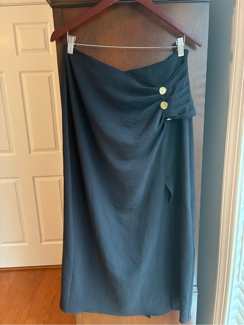 Zara Black Draped Midi Skirt with Gold Buttons Size Large - Picture 2 of 6